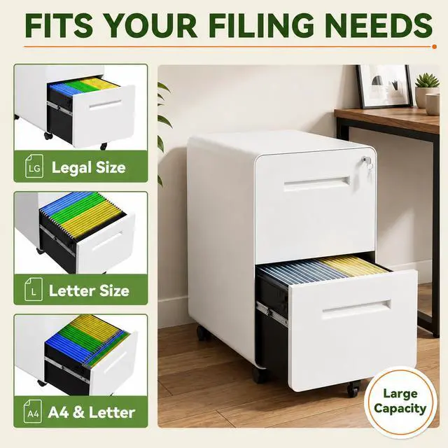 Alt view image 4 of 7 - 2 Drawer File Cabinet with Lock, Fully Assembled, White | 25"H x 16"W x 18"D, Metal Filing Cabinet on Wheels for Home Office, Under Desk Storage Cabinet for Letters/Legal/A4