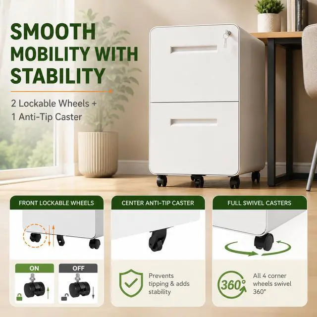 Alt view image 6 of 7 - 2 Drawer File Cabinet with Lock, Fully Assembled, White | 25"H x 16"W x 18"D, Metal Filing Cabinet on Wheels for Home Office, Under Desk Storage Cabinet for Letters/Legal/A4
