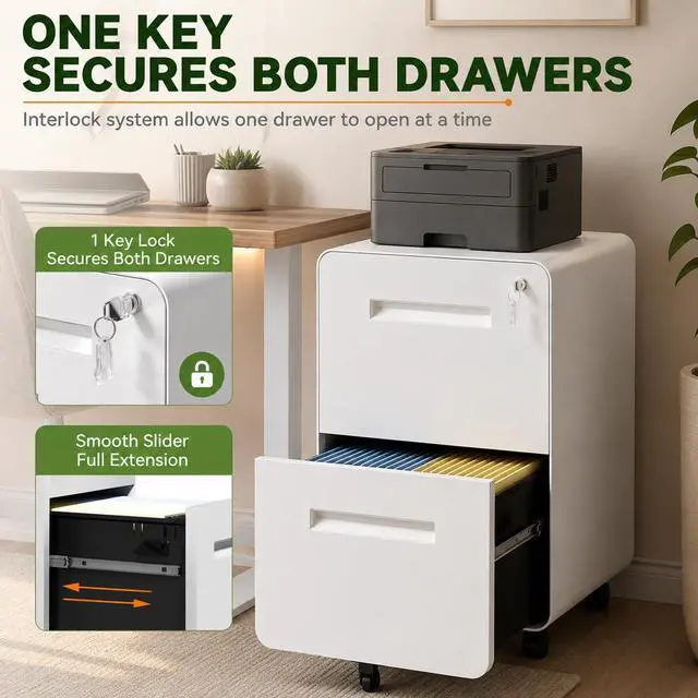 Alt view image 7 of 7 - 2 Drawer File Cabinet with Lock, Fully Assembled, White | 25"H x 16"W x 18"D, Metal Filing Cabinet on Wheels for Home Office, Under Desk Storage Cabinet for Letters/Legal/A4