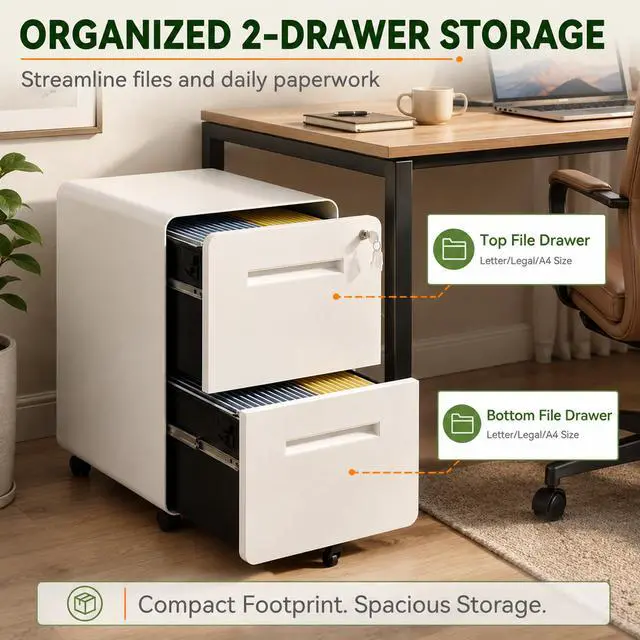 Alt view image 5 of 7 - 2 Drawer File Cabinet with Lock, Fully Assembled, White | 25"H x 16"W x 18"D, Metal Filing Cabinet on Wheels for Home Office, Under Desk Storage Cabinet for Letters/Legal/A4