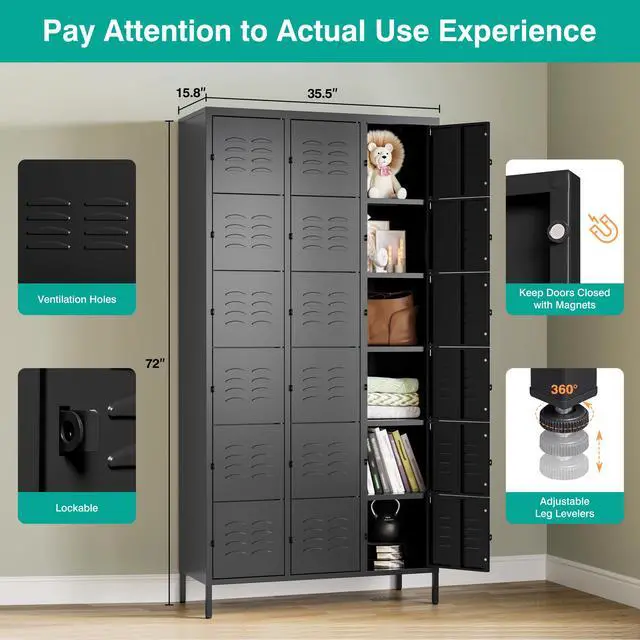 Alt view image 2 of 5 - Metal Lockers for Employees,Lockable Storage Locker with Shelf,Large Lockers for Storage with Leg,Gym Locker,Steel Employee lockers for Home Office School Gym Garage (Black,18 Door)