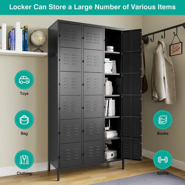 Alt view image 3 of 5 - Metal Lockers for Employees,Lockable Storage Locker with Shelf,Large Lockers for Storage with Leg,Gym Locker,Steel Employee lockers for Home Office School Gym Garage (Black,18 Door)