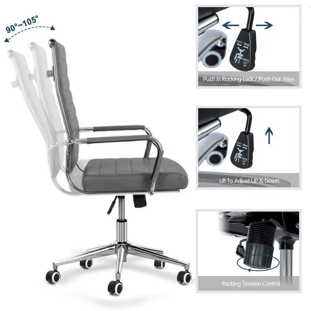 Alt view image 4 of 7 - Home Office Chair Ribbed, Modern Leather Conference Waiting Room Chairs,Ergonomic Office Desk Chair, High Back Executive Computer Chair, Adjustable Swivel Chair with Arms (Gray)