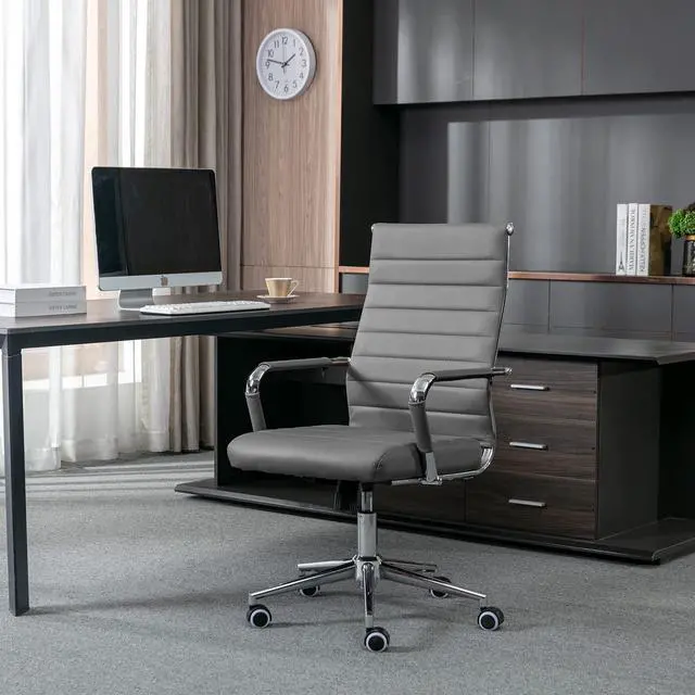 Alt view image 6 of 7 - Home Office Chair Ribbed, Modern Leather Conference Waiting Room Chairs,Ergonomic Office Desk Chair, High Back Executive Computer Chair, Adjustable Swivel Chair with Arms (Gray)