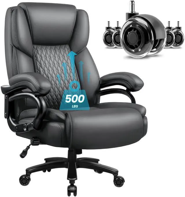 Main image of Big and Tall Office Chair 500lbs with Lumbar Support, Ergonomic Heavy Duty Black Office Chair, Leather Office Executive Chair with Quiet Rubber Wheels, Grey Office Comfortable Chair for Heavy People