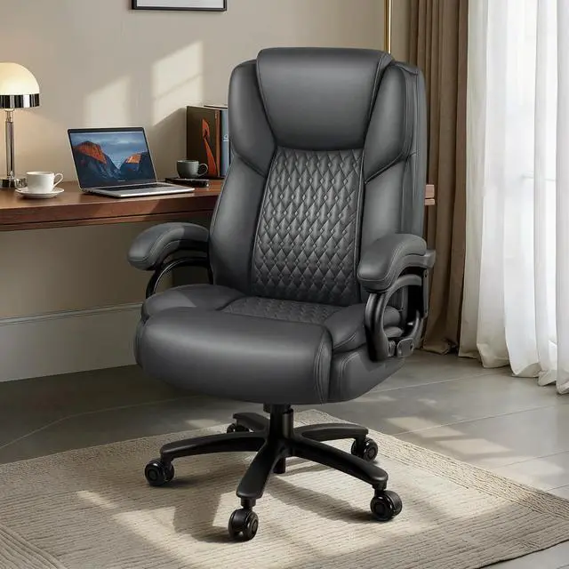 Alt view image 2 of 7 - Big and Tall Office Chair 500lbs with Lumbar Support, Ergonomic Heavy Duty Black Office Chair, Leather Office Executive Chair with Quiet Rubber Wheels, Grey Office Comfortable Chair for Heavy People