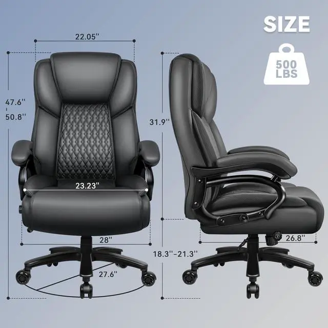 Alt view image 3 of 7 - Big and Tall Office Chair 500lbs with Lumbar Support, Ergonomic Heavy Duty Black Office Chair, Leather Office Executive Chair with Quiet Rubber Wheels, Grey Office Comfortable Chair for Heavy People