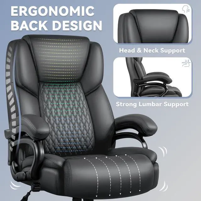 Alt view image 5 of 7 - Big and Tall Office Chair 500lbs with Lumbar Support, Ergonomic Heavy Duty Black Office Chair, Leather Office Executive Chair with Quiet Rubber Wheels, Grey Office Comfortable Chair for Heavy People