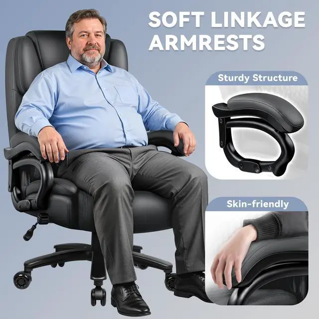Alt view image 4 of 7 - Big and Tall Office Chair 500lbs with Lumbar Support, Ergonomic Heavy Duty Black Office Chair, Leather Office Executive Chair with Quiet Rubber Wheels, Grey Office Comfortable Chair for Heavy People