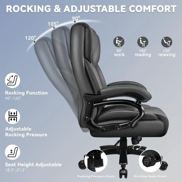 Alt view image 6 of 7 - Big and Tall Office Chair 500lbs with Lumbar Support, Ergonomic Heavy Duty Black Office Chair, Leather Office Executive Chair with Quiet Rubber Wheels, Grey Office Comfortable Chair for Heavy People