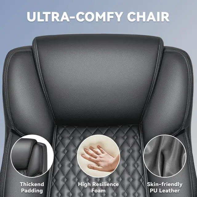 Alt view image 7 of 7 - Big and Tall Office Chair 500lbs with Lumbar Support, Ergonomic Heavy Duty Black Office Chair, Leather Office Executive Chair with Quiet Rubber Wheels, Grey Office Comfortable Chair for Heavy People