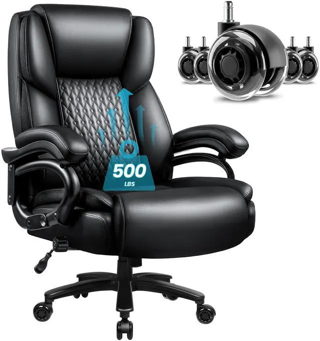 Main image of Big and Tall Office Chair 500lbs, Heavy Duty Executive Office Leather Chair for Heavy People, High Back Ergonomic Office Chair with Lumbar Support & Quiet Rubber Wheels, Extra Padded Seat, Black