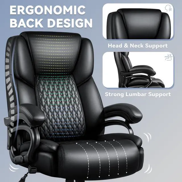 Alt view image 3 of 7 - Big and Tall Office Chair 500lbs, Heavy Duty Executive Office Leather Chair for Heavy People, High Back Ergonomic Office Chair with Lumbar Support & Quiet Rubber Wheels, Extra Padded Seat, Black