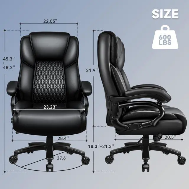 Alt view image 2 of 7 - Big and Tall Office Chair 500lbs, Heavy Duty Executive Office Leather Chair for Heavy People, High Back Ergonomic Office Chair with Lumbar Support & Quiet Rubber Wheels, Extra Padded Seat, Black