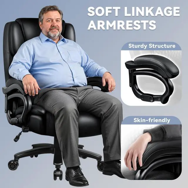 Alt view image 5 of 7 - Big and Tall Office Chair 500lbs, Heavy Duty Executive Office Leather Chair for Heavy People, High Back Ergonomic Office Chair with Lumbar Support & Quiet Rubber Wheels, Extra Padded Seat, Black