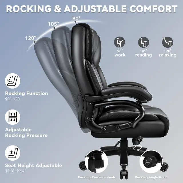 Alt view image 6 of 7 - Big and Tall Office Chair 500lbs, Heavy Duty Executive Office Leather Chair for Heavy People, High Back Ergonomic Office Chair with Lumbar Support & Quiet Rubber Wheels, Extra Padded Seat, Black