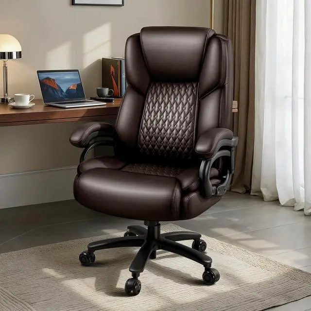 Alt view image 2 of 7 - X-Large Office Chair 500 Lbs Capacity, Ergonomic PU Leather Executive Chair with Lumbar Support & Quiet Rubber Wheels, Comfy Heavy Duty Desk Chairs for Heavy People, Brown