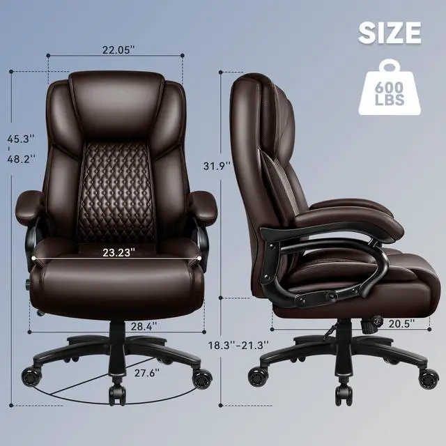 Alt view image 3 of 7 - X-Large Office Chair 500 Lbs Capacity, Ergonomic PU Leather Executive Chair with Lumbar Support & Quiet Rubber Wheels, Comfy Heavy Duty Desk Chairs for Heavy People, Brown