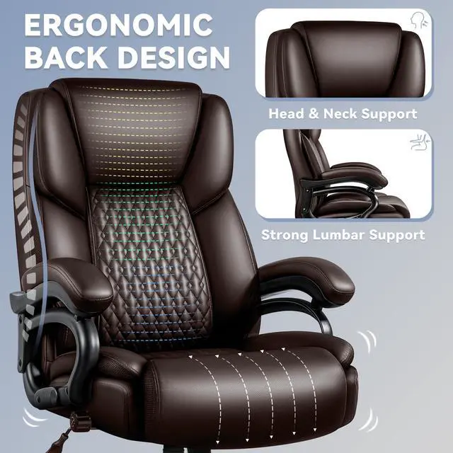 Alt view image 4 of 7 - X-Large Office Chair 500 Lbs Capacity, Ergonomic PU Leather Executive Chair with Lumbar Support & Quiet Rubber Wheels, Comfy Heavy Duty Desk Chairs for Heavy People, Brown