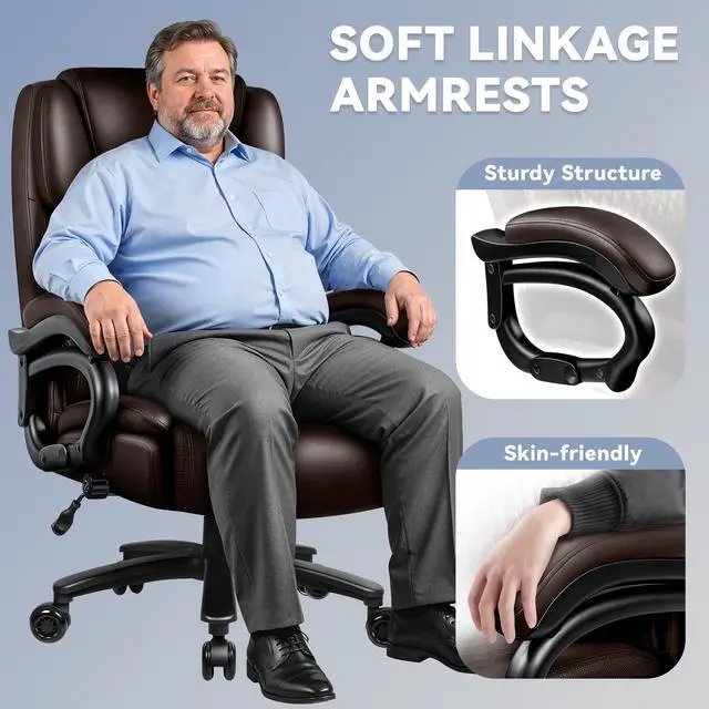 Alt view image 6 of 7 - X-Large Office Chair 500 Lbs Capacity, Ergonomic PU Leather Executive Chair with Lumbar Support & Quiet Rubber Wheels, Comfy Heavy Duty Desk Chairs for Heavy People, Brown