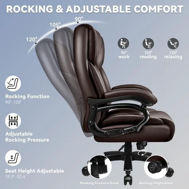 Alt view image 7 of 7 - X-Large Office Chair 500 Lbs Capacity, Ergonomic PU Leather Executive Chair with Lumbar Support & Quiet Rubber Wheels, Comfy Heavy Duty Desk Chairs for Heavy People, Brown