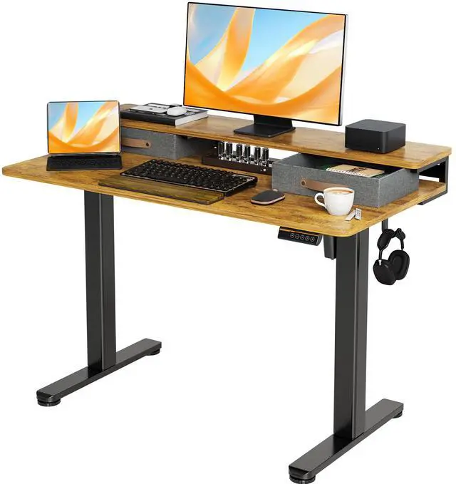Main image of Electric Standing Desk with 2 Drawers, 48 Inch, Rustic Brown | 28.35-46.46in adjustable height, 3 memory presets, monitor shelf, cable management and hooks for home office