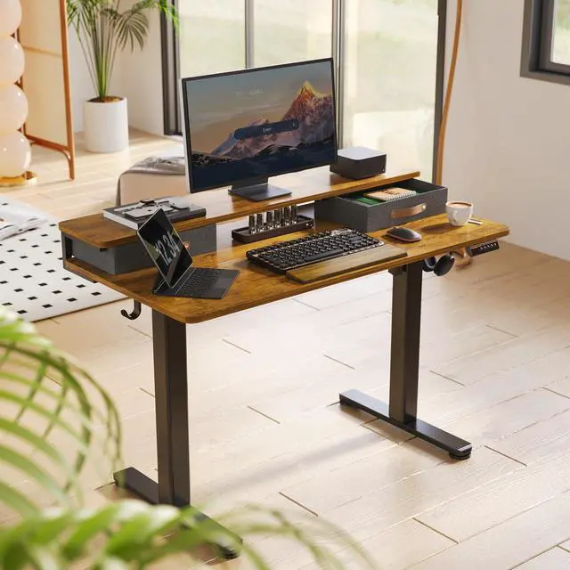 Alt view image 2 of 7 - Electric Standing Desk with 2 Drawers, 48 Inch, Rustic Brown | 28.35-46.46in adjustable height, 3 memory presets, monitor shelf, cable management and hooks for home office