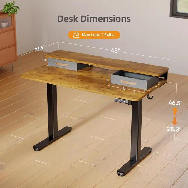 Alt view image 3 of 7 - Electric Standing Desk with 2 Drawers, 48 Inch, Rustic Brown | 28.35-46.46in adjustable height, 3 memory presets, monitor shelf, cable management and hooks for home office