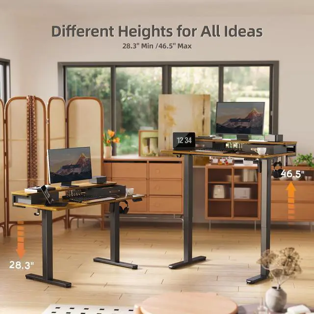 Alt view image 6 of 7 - Electric Standing Desk with 2 Drawers, 48 Inch, Rustic Brown | 28.35-46.46in adjustable height, 3 memory presets, monitor shelf, cable management and hooks for home office