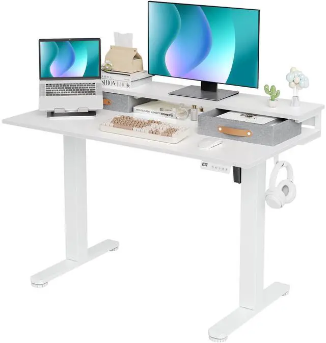 Main image of Electric Standing Desk with 2 Drawers, 48 Inch, White | Adjustable height desk with 2 drawers, open cubicle, monitor shelf, cable management, built-in hooks for home office
