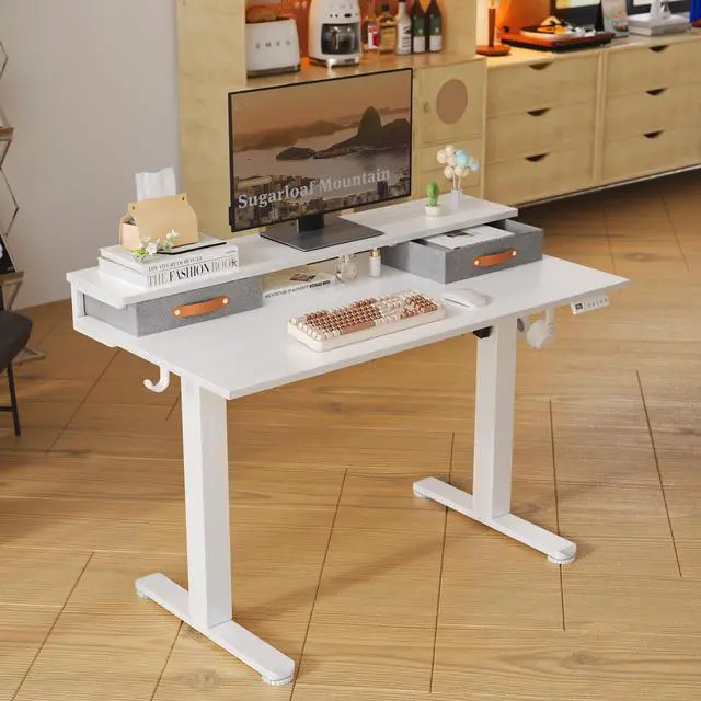 Alt view image 2 of 6 - Electric Standing Desk with 2 Drawers, 48 Inch, White | Adjustable height desk with 2 drawers, open cubicle, monitor shelf, cable management, built-in hooks for home office