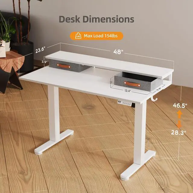 Alt view image 3 of 6 - Electric Standing Desk with 2 Drawers, 48 Inch, White | Adjustable height desk with 2 drawers, open cubicle, monitor shelf, cable management, built-in hooks for home office