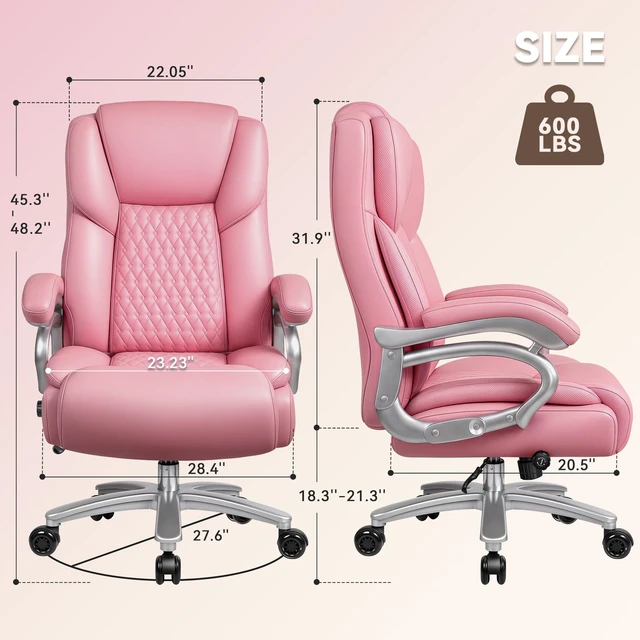 Alt view image 3 of 7 - Big and Tall Office Chair 500lbs, Heavy Duty Executive Office Leather Chair for Heavy People, High Back Ergonomic Office Chair with Lumbar Support & Quiet Rubber Wheels, Extra Padded Seat, Pink