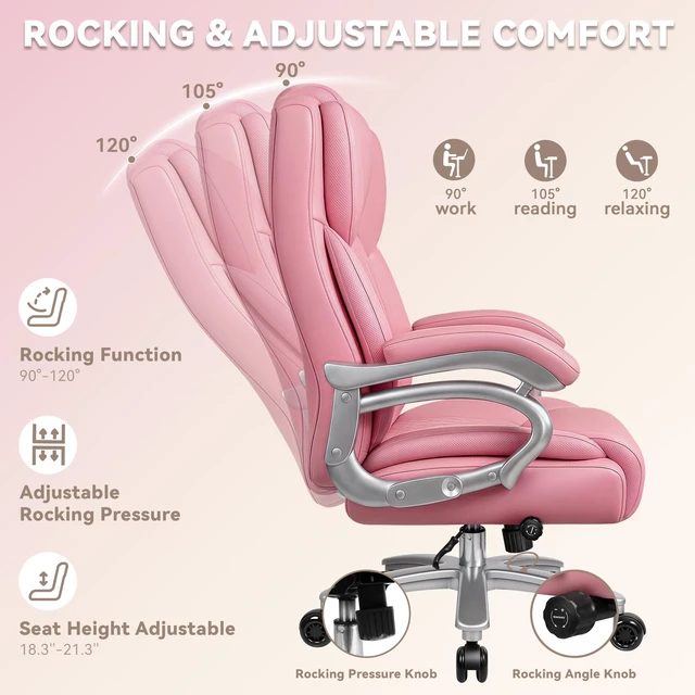 Alt view image 4 of 7 - Big and Tall Office Chair 500lbs, Heavy Duty Executive Office Leather Chair for Heavy People, High Back Ergonomic Office Chair with Lumbar Support & Quiet Rubber Wheels, Extra Padded Seat, Pink