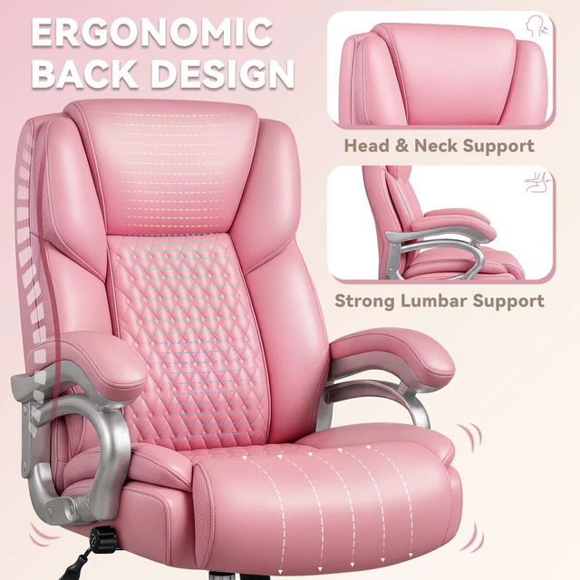 Alt view image 6 of 7 - Big and Tall Office Chair 500lbs, Heavy Duty Executive Office Leather Chair for Heavy People, High Back Ergonomic Office Chair with Lumbar Support & Quiet Rubber Wheels, Extra Padded Seat, Pink