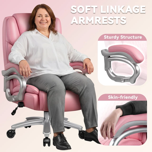 Alt view image 5 of 7 - Big and Tall Office Chair 500lbs, Heavy Duty Executive Office Leather Chair for Heavy People, High Back Ergonomic Office Chair with Lumbar Support & Quiet Rubber Wheels, Extra Padded Seat, Pink