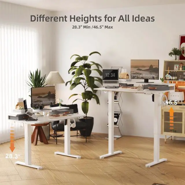 Alt view image 5 of 6 - Electric Standing Desk with 2 Drawers, 48 Inch, White | Adjustable height desk with 2 drawers, open cubicle, monitor shelf, cable management, built-in hooks for home office