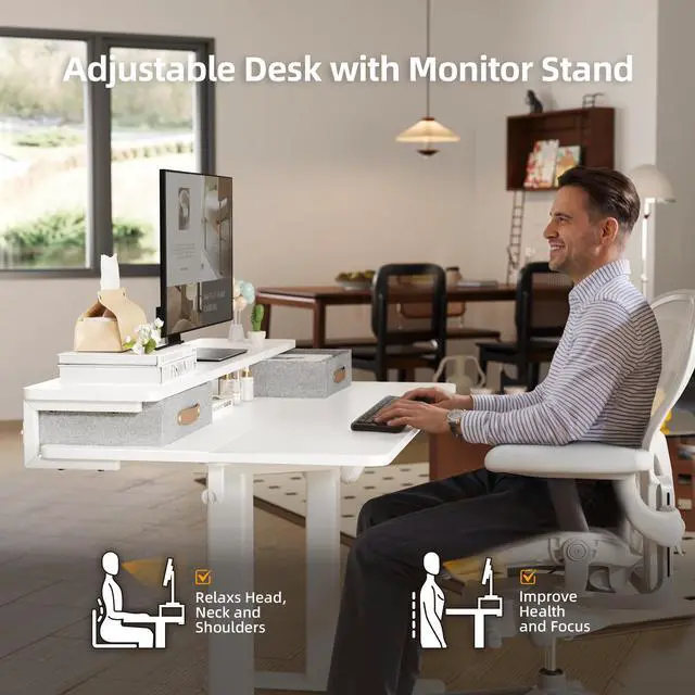 Alt view image 7 of 7 - Electric Standing Desk with 2 Drawers, 48 Inch, White | 28.35-46.46in adjustable height, 3 memory presets, monitor shelf, cable management and hooks for home office