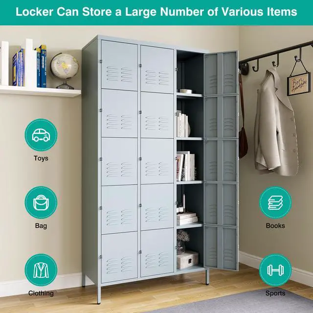 Alt view image 2 of 3 - Metal Lockers for Employees,Lockable Storage Locker with Shelf,Large Lockers for Storage with Leg,Gym Locker,Steel Employee lockers for Home Office School Gym Garage (Grey,15 Door)