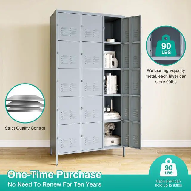 Alt view image 3 of 3 - Metal Lockers for Employees,Lockable Storage Locker with Shelf,Large Lockers for Storage with Leg,Gym Locker,Steel Employee lockers for Home Office School Gym Garage (Grey,15 Door)