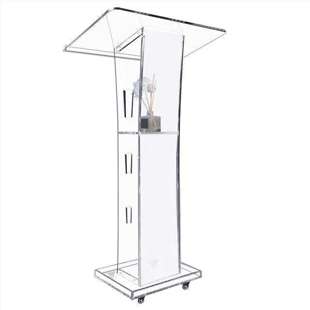 Main image of Acrylic Podiums for Church with 4 Wheels, 43 Clear Pulpit for Churches with Storage Shelf, Modern Lectern with 15 Colors Adjustable for Classroom, Conference, Wedding