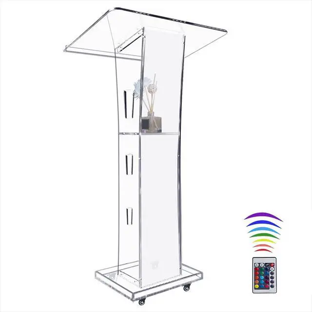 Alt view image 2 of 7 - Acrylic Podiums for Church with 4 Wheels, 43 Clear Pulpit for Churches with Storage Shelf, Modern Lectern with 15 Colors Adjustable for Classroom, Conference, Wedding