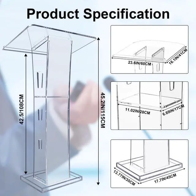 Alt view image 5 of 7 - Acrylic Podiums for Church with 4 Wheels, 43 Clear Pulpit for Churches with Storage Shelf, Modern Lectern with 15 Colors Adjustable for Classroom, Conference, Wedding
