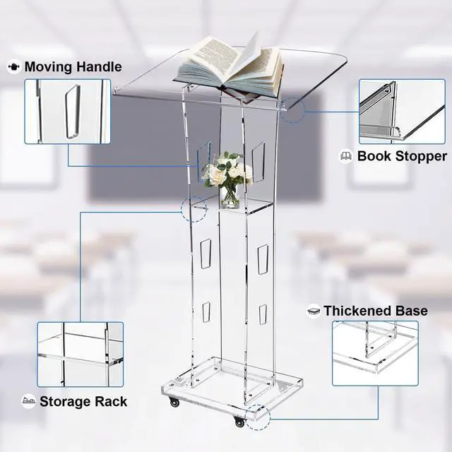 Alt view image 6 of 7 - Acrylic Podiums for Church with 4 Wheels, 43 Clear Pulpit for Churches with Storage Shelf, Modern Lectern with 15 Colors Adjustable for Classroom, Conference, Wedding