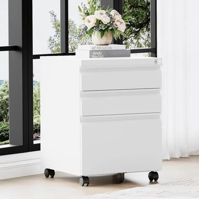 Alt view image 7 of 7 - 3 Drawer File CabinetMobile Filing Cabinet with Lock and WheelsUn-Assembled Metal Under Desk File Cabinets for A4/Letter/Legal SizeWhite