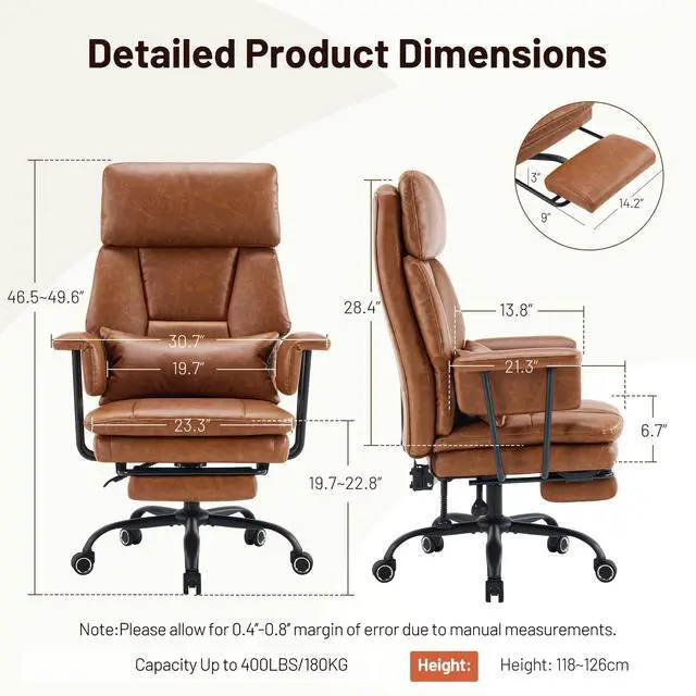 Alt view image 2 of 7 - Big and Tall Office Chair, PU Leather High Back Executive Office Chair with Adjustable Lumbar Support, Gaming Chair with Padded Arm and Pillow, Height Adjustment, Footrest, Brown