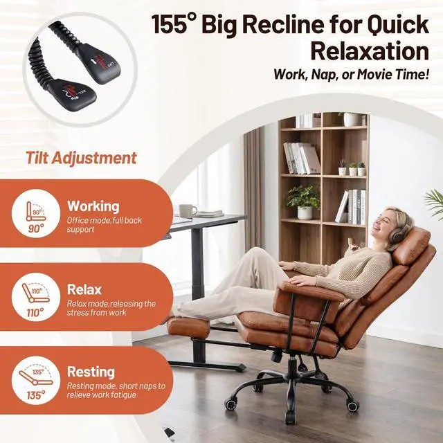 Alt view image 3 of 7 - Big and Tall Office Chair, PU Leather High Back Executive Office Chair with Adjustable Lumbar Support, Gaming Chair with Padded Arm and Pillow, Height Adjustment, Footrest, Brown