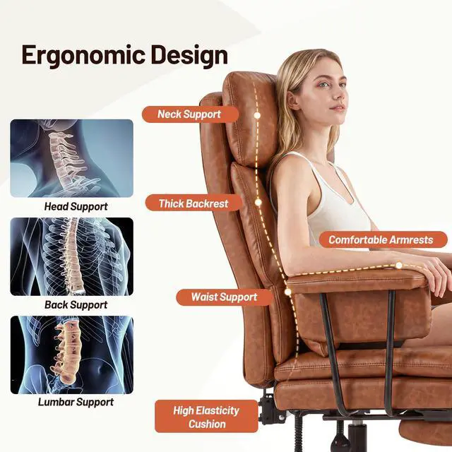 Alt view image 4 of 7 - Big and Tall Office Chair, PU Leather High Back Executive Office Chair with Adjustable Lumbar Support, Gaming Chair with Padded Arm and Pillow, Height Adjustment, Footrest, Brown