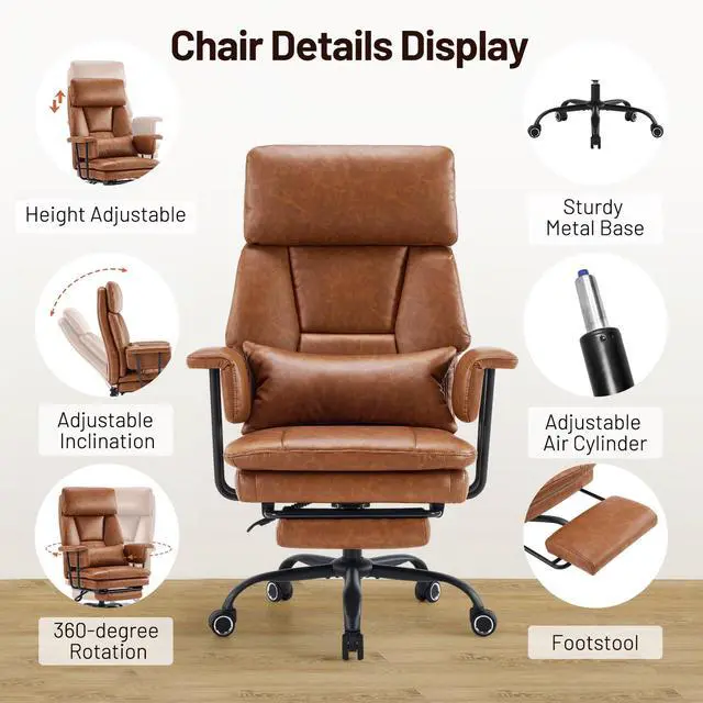 Alt view image 5 of 7 - Big and Tall Office Chair, PU Leather High Back Executive Office Chair with Adjustable Lumbar Support, Gaming Chair with Padded Arm and Pillow, Height Adjustment, Footrest, Brown