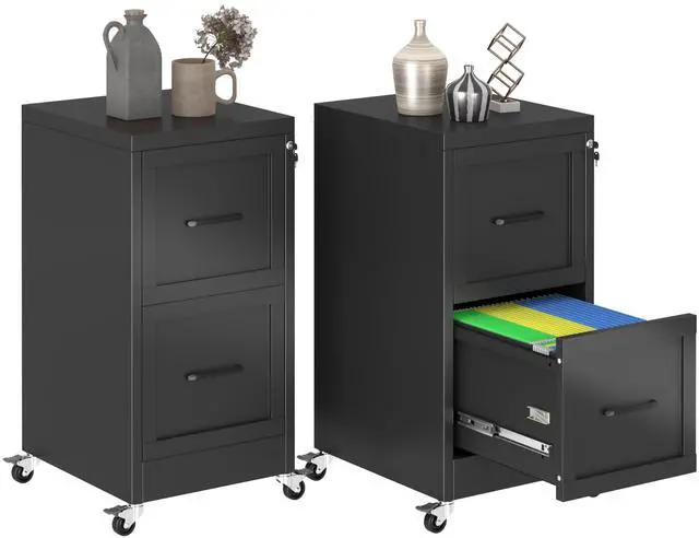 Main image of 2 Drawer Mobile File Cabinet with Wheels, Locked Under Desk Cabinet | Metal Filing Cabints with Lock, Black Rolling File Cabinet for Home Office, Fits Letter/Legal/A4 Size